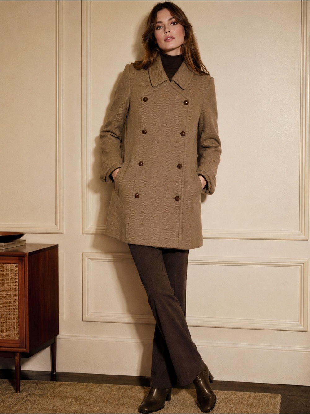 Women’s Double-Breasted Wool Coat in Camel